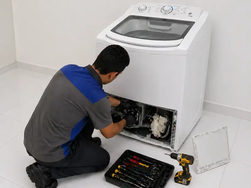 Técnico da BTL consertando uma máquina de lavar